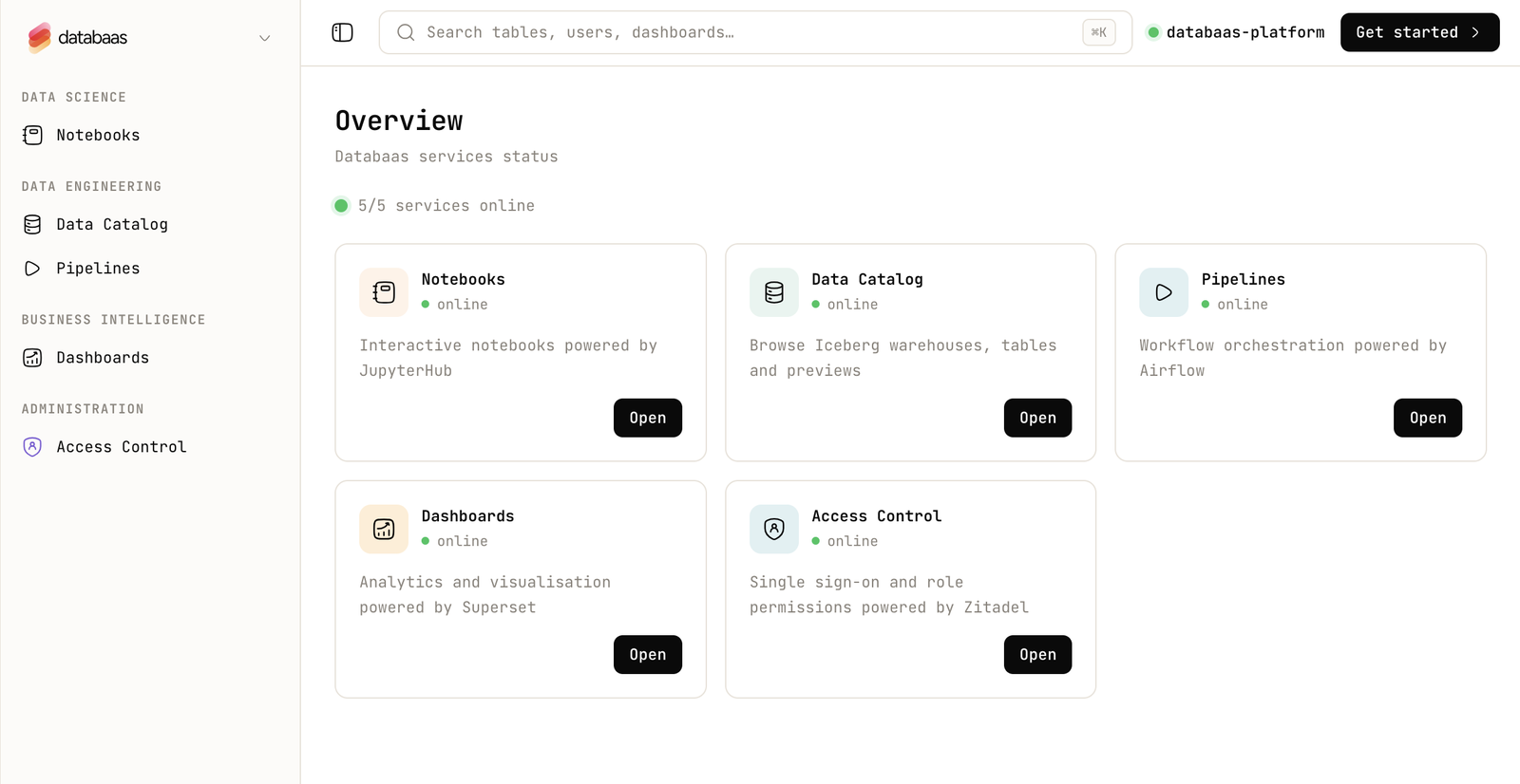 The Databaas control-plane shell: one sidebar and top bar tying every service together.