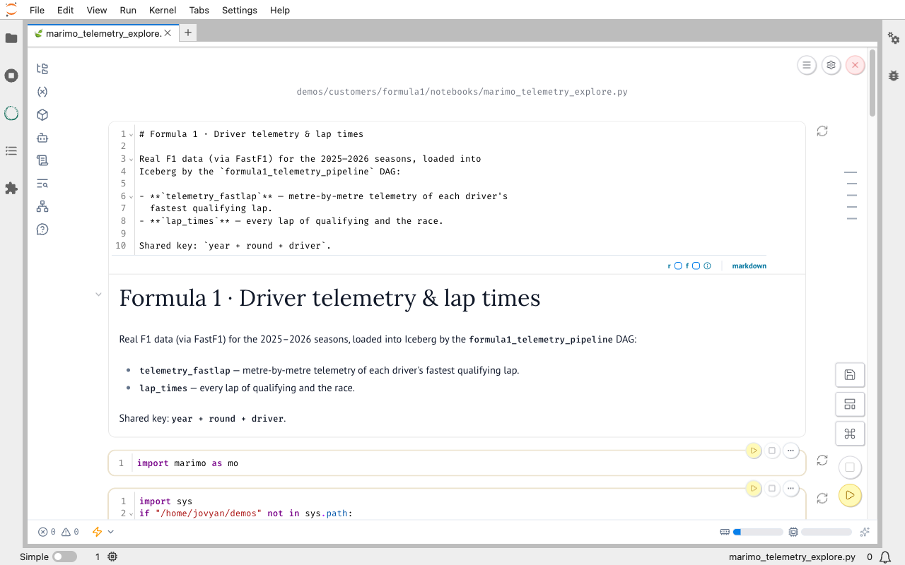 A reactive marimo notebook exploring Formula 1 telemetry, with markdown and Python cells.